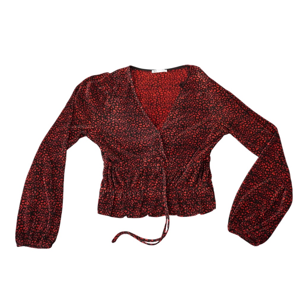 ZARA Red‎ & Black Print Blouse Wrap Tie Front Long Sleeve Top Size L